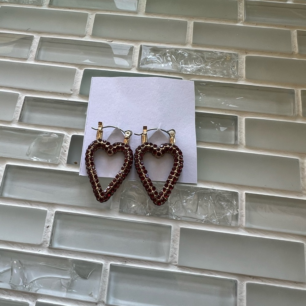 Valentine’s Day, Red Glass Stoned, Heart Shaped Post Dangle Earrings Christmas